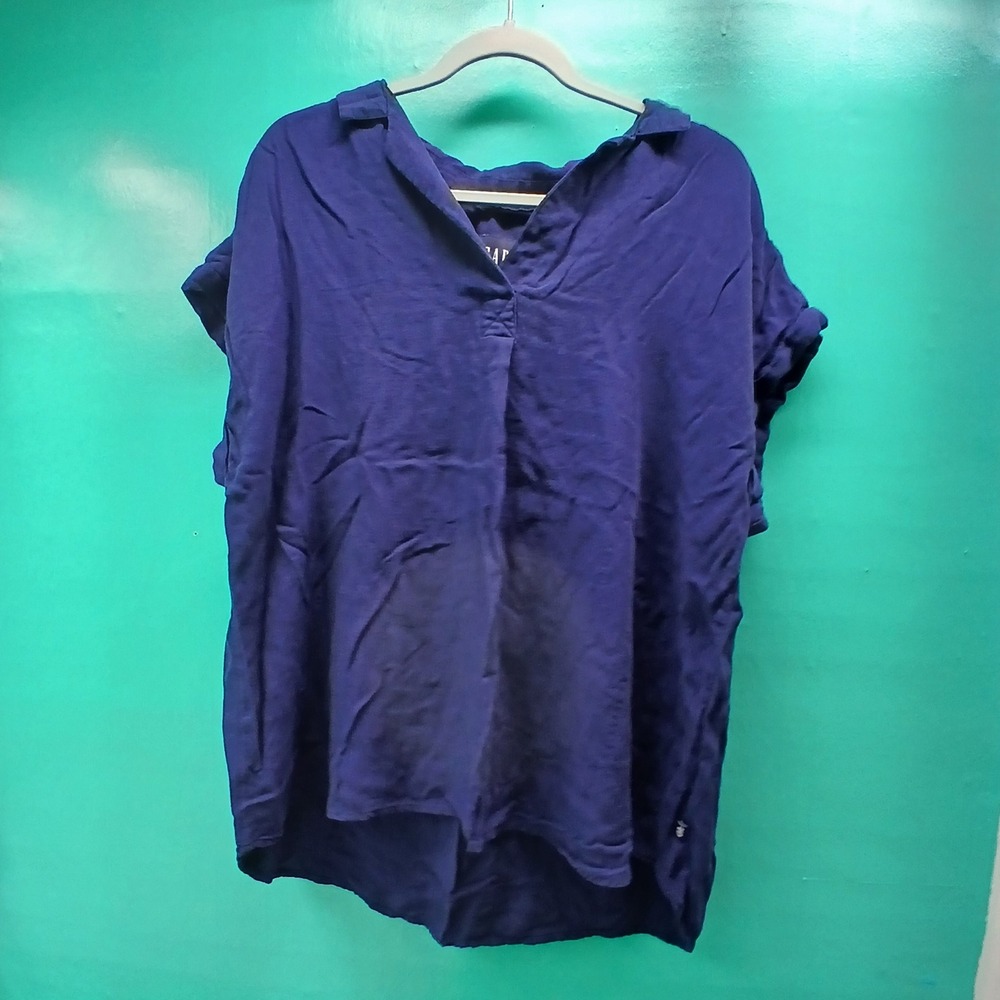 Gap Blouse XL Navy Blue Rayon Lyocell V-Neck High Low Coastal Grandma Minimalist